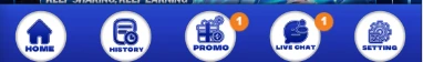 The fixed bottom bar of the mobile lobby: promo, history, settings, home and chat